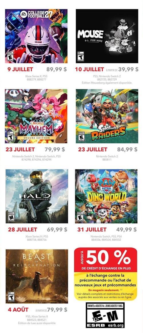 EB Games - GameStop - Page 2. La page présente des précommandes de jeux vidéo avec leurs dates de sortie et prix. En haut à gauche, le jeu "EA Sports College Football 27" est disponible le 9 juillet pour Xbox Series X et PS5 à 89,99 $. À droite, "Mouse P.I. For Hire" sort le 10 juillet à partir de 39,99 $ pour PS5 et Nintendo Switch 2, avec une édition Mouseberg également disponible. Au centre gauche, "Disgaea Mayhem Deluxe Edition" est disponible le 23 juillet pour Nintendo Switch 2, Nintendo Switch et PS5 à 79,99 $. À droite, "Splatoon Raiders" sort le 23 juillet pour Nintendo Switch 2 à 84,99 $. En bas à gauche, "Halo Campaign Evolved" est disponible le 28 juillet pour Xbox Series X et PS5 à 69,99 $. À droite, "Paw Patrol Dino World" sort le 31 juillet pour Nintendo Switch, PS5 et PS4 à 49,99 $. Enfin, en bas à gauche, "Beast of Reincarnation" est disponible le 4 août à partir de 79,99 $ pour PS5 et Xbox Series X, avec une édition de luxe aussi disponible. Sur le côté droit, une promotion offre jusqu'à 50 % de crédit d'échange en plus pour la précommande ou l'achat de nouveaux jeux et précommandes, valide en magasin seulement. La page inclut également le logo ESRB avec les classifications "Enfants et Adultes 10+" et "Jeunes Adultes 17+".
