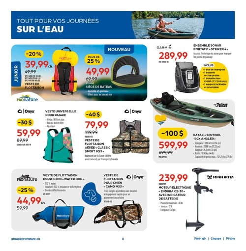 Circulaire Pronature - Page 8. La page est intitulée "Tout pour vos journées sur l'eau". On y trouve une sélection d'articles nautiques.nEn haut à gauche, une veste de flottaison Junior Pronature est offerte avec 20 % de rabais à 39,99 $ l'unité, disponible pour des poids de 20 à 90 livres.À côté, un nouveau siège de bateau est à 49,99 $ (anciennement 69,99 $), soit plus de 25 % de rabais. Il est ajustable à 5 positions et offert en bleu et noir.À droite, un ensemble sonar portable Garmin "Striker 4" est à 289,99 $. Il inclut un étui de transport, une batterie rechargeable, un transducteur CHIRP (77/200 kHz) et un support inclinable et orientable.En dessous, une veste universelle pour pagaie Onyx est à 59,99 $ (anciennement 89,99 $), un rabais de 30 $. Elle convient aux poids de 90 livres et plus, avec un bas du dos en filet et est ajustable.À sa droite, une veste de flottaison aérée Onyx "Classic Sport MX5" est à 79,99 $ (anciennement 119,99 $), un rabais de 40 $. Elle est approuvée par la Garde côtière américaine et Transports Canada.Puis, un kayak Pelican "Sentinel 100X Angler" est à 599,99 $ (anciennement 699,99 $), un rabais de 100 $. Ses dimensions sont de 289,56 cm de long, 33,66 cm de haut et 76,2 cm de large, avec un poids de 19,96 kg et une capacité de poids maximale de 112,74 kg.En bas à gauche, une veste de flottaison pour chien Pronature "Water Dog" est à 44,99 $ l'unité (anciennement 59,99 $), soit 25 % de rabais. Elle est faite de 100 % nylon avec isolation en mousse de polyéthylène et des bandes réfléchissantes.À côté, une veste de flottaison pour chien Onyx "Camo MX5" est présentée, dotée de trois sangles ajustables avec boucles à dégagement rapide pour un ajustement sécuritaire.Enfin, un moteur électrique Minn Kota "Endura C2-30" avec indicateur de batterie est à 239,99 $. Il offre une poussée maximale de 30 livres, une tension de 12 V et une longueur de 30 pouces.