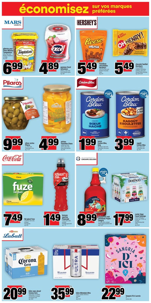 Circulaire Super C - Page 10. La page présente des offres sur des produits de marques variées. On y trouve des gâteries pour chats Whiskas Temptations de 454 g à 6,99 $, des gommes Excel Refresher de 40 à 60 unités à 4,89 $, des friandises chocolatées Hershey's Reese minis de 165 à 210 g à 5,49 $ et du chocolat familial Hershey's Oh Henry! de 4 à 46-58 g à 5,49 $. La section suivante propose des olives vertes Pilaros de 1 L à 9,99 $, des pêches tranchées Diana de 720 ml à 4,99 $, de la sauce Cordon Bleu (bœuf haché) de 398 ml à 1,99 $ et du ragoût de boulettes Cordon Bleu de 410 g à 3,99 $. On voit ensuite du thé glacé Fuze de 12 x 341 ml à 7,49 $, une boisson sportive Powerade de 710 ml à 1,49 $, une boisson de malt alcoolisée Pepito Sangria de 1 L à 8,99 $ et un cooler léger Casal Domingo en caisse de 12 bouteilles de 341 ml à 17,99 $. Enfin, la page offre de la bière sans alcool Corona Cero en caisse de 12 bouteilles ou canettes de 330-355 ml à 20,99 $, de la bière Michelob Ultra en caisse de 24 canettes de 355 ml à 35,99 $ et de la Sangria D'ici Lacroix de 4 L à 22,99 $.