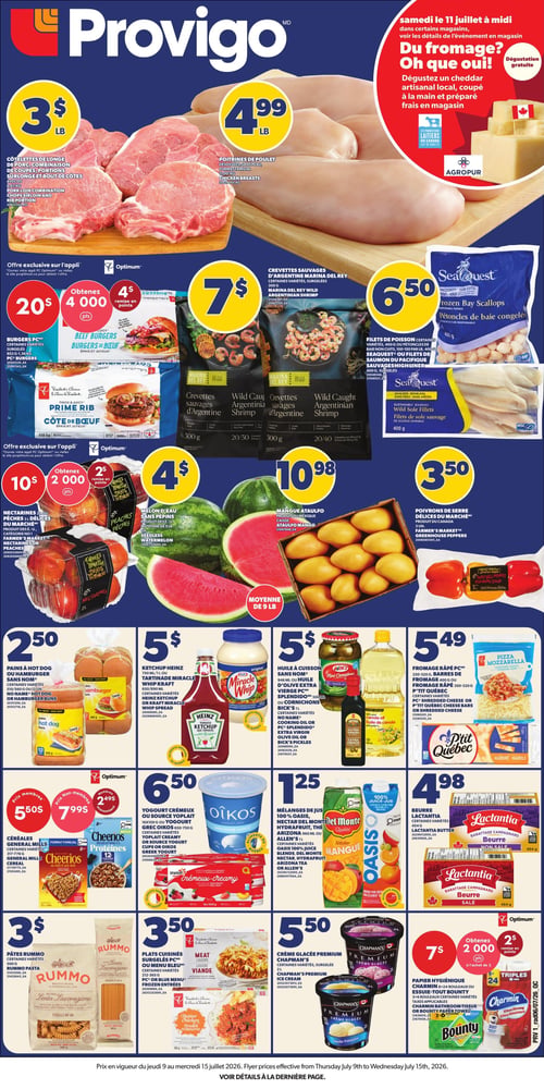Circulaire Provigo - Page 1. La page d'accueil annonce une promotion intitulée "CANADA victoire, vous gagnez", offrant deux (2) filets de poulet GRATUITS le lendemain. Une section "Prix membres PC Optimum" invite à ouvrir l'application PC Optimum pour révéler une offre exclusive, avec un code QR à scanner pour télécharger l'offre. Le bas de la page montre une image de deux filets de poulet panés, servis sur un papier à carreaux rouges et blancs. La note en bas de page précise que l'offre est échangeable si l'équipe nationale canadienne de soccer masculin remporte un match entre le 11 juin et le 19 juillet 2026, et est exclusive aux membres PC Optimum, à présenter en magasin entre 11 h et 19 h.