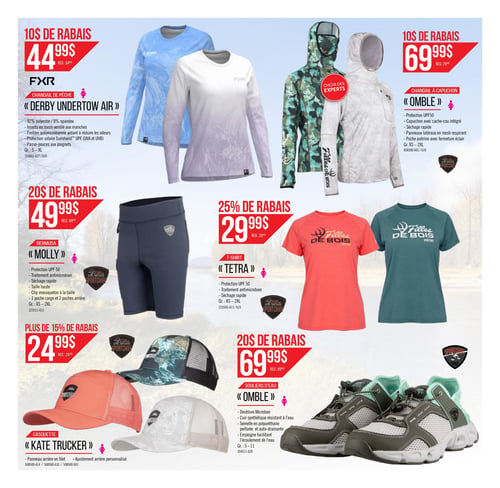 Ecotone L'Ami Sport - Page 2. La page présente six offres de vêtements et chaussures pour femme. En haut à gauche, un chandail de pêche FXR "Derby Undertow Air" est offert à 44,99 $ (rég. 54,99 $), avec 10 $ de rabais. Il est composé de 92 % polyester et 8 % spandex, avec inserts en mesh ventilé, finition antimicrobienne, protection solaire UPF et passe-pouces. Tailles S à XL. À droite, un chandail à capuchon "Omble" de Filles de Bois, choix des experts, est à 69,99 $ (rég. 79,99 $), avec 10 $ de rabais. Il offre une protection UPF50, un capuchon avec cache-cou intégré, un séchage rapide et des panneaux latéraux en mesh. Tailles XS à 2XL. Au centre gauche, un bermuda "Molly" de Filles de Bois est à 49,99 $ (rég. 69,99 $), avec 20 $ de rabais. Il possède une protection UPF 50, un traitement antimicrobien, un séchage rapide, une taille haute, un clip mousqueton et trois poches. Tailles XS à 2XL. À droite, un t-shirt "Tetra" de Filles de Bois, choix des experts, est à 29,99 $ (rég. 39,99 $), avec 25 % de rabais. Il offre une protection UPF 50, un traitement antimicrobien et un séchage rapide. Tailles XS à 2XL. En bas à gauche, des casquettes "Kate Trucker" de Filles de Bois sont à 24,99 $ (rég. 29,99 $), avec plus de 15 % de rabais. Elles ont un panneau arrière en filet et un ajustement personnalisé. À droite, des souliers d'eau "Omble" de Filles de Bois sont à 69,99 $ (rég. 89,99 $), avec 20 $ de rabais. Ils sont dotés d'une doublure Microban, de cuir synthétique résistant à l'eau, d'une semelle en polyuréthane perforée et auto-drainante, et d'une empeigne facilitant l'écoulement de l'eau. Pointures 5 à 11.