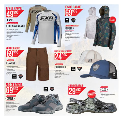 Ecotone L'Ami Sport - Page 3. La page présente six articles de vêtements et accessoires de plein air. En haut à gauche, un chandail de pêche FXR "Tournament Air" est offert à 49,99 $ après un rabais de 10 $ (rég. 59,99 $). Il est composé de polyester et spandex, avec des inserts en mesh ventilé, une finition antimicrobienne et une protection solaire UPF. À droite, un chandail à capuchon Hugo "Omble" est à 69,99 $ après un rabais de 10 $ (rég. 79,99 $). Ce modèle, un "Choix des experts", offre une protection UPF50, un capuchon avec cache-cou intégré et un séchage rapide. Au centre à gauche, un bermuda "James" est à 69,99 $ après un rabais de 20 $ (rég. 89,99 $). Il est fait d'un tissu extensible 4 directions avec traitement DWR et protection AntiUV 40. À droite, une casquette "Trucker" est à 24,99 $ après plus de 15 % de rabais (rég. 29,99 $). Elle fait partie de la collection Hugo Strong avec un panneau arrière en filet et un écusson brodé. En bas à gauche, des souliers d'eau "Omble" sont à 69,99 $ après un rabais de 20 $ (rég. 89,99 $). Ils possèdent une doublure Microban, un cuir synthétique résistant à l'eau et une semelle auto-drainante. Enfin, à droite, des sandales "Clog" pour homme sont à 29,99 $ après un rabais de 25 % (rég. 39,99 $). Ces sandales, un "Rabais en vedette", arborent un camouflage signature Hugo Strong et des évents de ventilation.