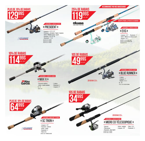 Circulaire Ecotone L'Ami Sport - Page 4. La page présente six ensembles de pêche en promotion. En haut à gauche, l'ensemble lancer léger Pflueger « PRESIDENT » est à 129,99 $ (rég. 147,99 $), avec plus de 10 % de rabais. Il est disponible en longueurs de 4'8", 6' ou 6'6", avec une puissance ultralégère, légère ou moyenne, une action modérée rapide ou rapide, des grosseurs de 20, 25 ou 30, et un roulement de 7/10. En haut à droite, l'ensemble lancer léger Okuma « EVS » est à 119,99 $ (rég. 159,99 $), avec 25 % de rabais. Recommandé par les marchands et adapté pour la pêche au Québec, il mesure 6'6", possède 7 roulements, une action médium ou médium lourd et un rapport de 5.0:1. Au centre à gauche, l'ensemble lancer lourd Abu Garcia « MAX X » est à 114,99 $ (rég. 128,99 $), avec 10 % de rabais. Il est en 2 pièces, mesure 6', a une puissance médium, une action rapide modérée, 2 roulements et un Gr. 8. Au centre à droite, l'ensemble lancer léger Zebco « BLUE RUNNER » est à 49,99 $ (rég. 59,99 $), avec 10 $ de rabais. Il est en 2 pièces, mesure 7', a un rapport de 5.2:1 et un Gr. 50. En bas à gauche, l'ensemble moulinet fermé Pflueger « SC TRION » est à 64,99 $ (rég. 73,99 $), avec plus de 10 % de rabais. Il mesure 6'6", a une puissance médium, une action rapide, 2 roulements et un ratio de 3.8:1. Enfin, en bas à droite, l'ensemble lancer fermé Zebco « MICRO 33 TÉLESCOPIQUE » est à 34,99 $ (rég. 44,99 $), avec 10 $ de rabais. C'est un spincast télescopique, de puissance ultra-légère, action modérée, mesurant 36", avec 3 roulements et un ratio de 4.3:1.