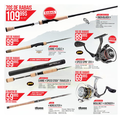 Circulaire Ecotone L'Ami Sport - Page 5. La page présente des cannes à pêche et des moulinets. En haut à gauche, la canne lancer léger "Omen Black" est à 109,99 $ (rég. 179,99 $), soit 70 $ de rabais. Elle est en 2 pièces, avec des longueurs de 6'8", 7'0" et 7'1", une puissance moyenne-légère à moyenne-lourde et une action rapide. Au centre gauche, la canne lancer léger Fenwick "Eagle" est à 99,99 $ (rég. 129,99 $), soit 30 $ de rabais. Elle est en 1 pièce, avec des longueurs et puissances variées. En bas à gauche, la canne lancer léger Lew's "Speed Stick Traveler" est à 99,99 $ (rég. 119,99 $), soit 20 $ de rabais. Elle est en 3 pièces, longueur 6'6", puissance légère, moyenne, moyenne-légère ou ultra-légère, action rapide, et un étui est inclus. En dessous, la canne Okuma "Noreaster" est à partir de 59,99 $ (rég. 79,99 $), soit 20 % de rabais. Elle est en 2 pièces, longueurs 6'6" et 7'6", puissance moyenne/lourde, action moyenne rapide/rapide, et est idéale pour le fleuve et le bar rayé. En haut à droite, le moulinet lancer léger Lew's "Speed Spin CRX" est à 89,99 $ (rég. 104,99 $), soit 15 $ de rabais. Il est disponible en grosseurs 200, 300 et 400, avec un roulement de 10, un ratio de 6.2:1 et un retour de 32", 35" ou 38". Il est présenté comme le meilleur rapport qualité-prix. En bas à droite, le moulinet lancer léger Okuma "Avenger" est à 69,99 $ (rég. 89,99 $), soit 20 $ de rabais. Il est disponible en grosseurs 2500, 3000 et 4000, avec un roulement de 4+1, un ratio de 5.3:1 et un retour de 30,3", 32,7" ou 38".