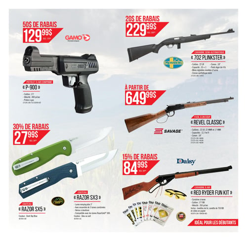 Ecotone L'Ami Sport - Page 8. La page présente six articles de chasse et de plein air. En haut à gauche, le pistolet à air comprimé Gamo P-900 est à 129,99 $ après un rabais de 50 $ (prix régulier 179,99 $). Il est de calibre .177, avec une vitesse de 400 pieds par seconde et un piston à gaz. En haut à droite, la carabine semi-automatique Mossberg 702 Plinkster est offerte à 229,99 $ après un rabais de 20 $ (prix régulier 249,99 $). Elle est de calibre .22 LR, avec un canon de 18 pouces, une capacité de 10+1, des mires réglables montées d'usine et une crosse synthétique noire. Au centre droit, le fusil à un coup Savage Revel Classic est disponible à partir de 649,99 $. Il est offert en calibres .22 LR, .22 WMR et .17 HMR, avec des capacités de 12, 9 et 9, et un canon de 18 pouces. En bas à gauche, deux couteaux Outdoor Edge sont en promotion. Le couteau Razor SX5, de couleur bleu foncé, est à 27,99 $ après un rabais de 30 % (prix régulier 39,99 $). Le nouveau couteau Razor SX3, disponible en bleu ou vert, possède une lame remplaçable de 3 pouces, un ensemble de 3 lames combinées, un verrou à doublure et est compatible avec les lames RazorSafe 300. En bas à droite, le kit de carabine à air Daisy Red Ryder Fun est à 84,99 $ après un rabais de 15 % (prix régulier 99,99 $). Cette carabine à levier de calibre .177 BB a une vitesse de 350 pieds par seconde et inclut des lunettes de tir, une canette de 750 BB et des cibles en papier. Ce kit est idéal pour les débutants.