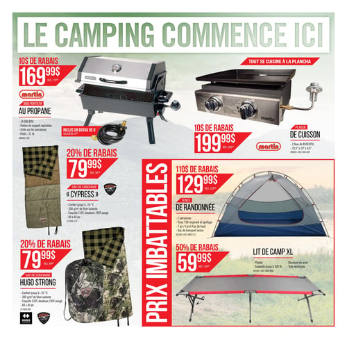Ecotone L'Ami Sport - Page 9. La page est intitulée "Le camping commence ici" et présente des "Prix imbattables" sur des équipements de camping. En haut à gauche, un BBQ portatif Martin au propane est offert à 169,99 $ (rég. 179,99 $), incluant un boyau de 6 pieds. Il a 14 000 BTU, des pattes repliables, une grille en porcelaine et pèse 21 livres. À droite, une plaque de cuisson Martin, "tout se cuisine à la plancha", est à 199,99 $ (rég. 209,99 $). Elle possède 2 feux de 8500 BTU et mesure 19,5 x 19 x 9,6 pouces. Au centre gauche, un sac de couchage "Cypress" est à 79,99 $ (rég. 99,99 $), offrant un confort jusqu'à -10 °C, avec 300 grammes par mètre carré de fibre isolante et mesurant 84 x 40 pouces. Au centre droit, une tente de randonnée pour 2 personnes est à 129,99 $ (rég. 239,99 $). Elle est en tissu 75D respirant et ignifuge, mesure 7 pieds x 4 pieds x 4 pieds de haut et inclut un sac de transport. En bas à gauche, un sac de couchage Hugo Strong, visuellement différent mais avec les mêmes spécifications que le Cypress, est également à 79,99 $ (rég. 99,99 $). Enfin, en bas à droite, un lit de camp XL est à 59,99 $ (rég. 119,99 $). Il est pliable, supporte jusqu'à 300 livres, a une structure en acier et une toile résistante.