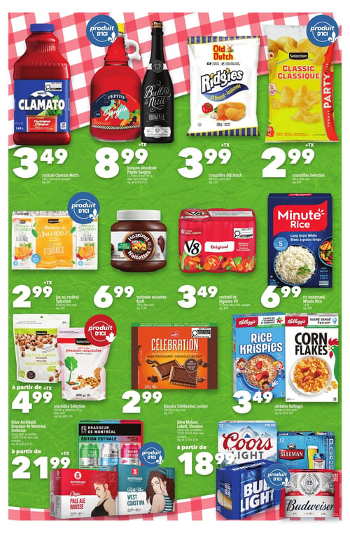 Circulaire Marché AMI - Page 2. La page présente des offres sur diverses boissons, collations et produits d'épicerie. En haut, le cocktail Clamato Mott's de 1,89 L est à 3,49 $. La boisson alcoolisée Pepito Sangria de 1 L ou les Bulles de Nuit de 750 ml sont à 8,99 $. Les croustilles Old Dutch Ridgies de 200-220 g sont à 3,99 $, et les croustilles Selection Classique de 454 g sont à 2,99 $. Au centre, le jus ou cocktail Selection en paquet de 8 contenants de 200 ml est à 2,99 $. La tartinade noisettes Kraft de 725 g est à 6,99 $. Le cocktail de légumes V8 en paquet de 6 canettes de 156 ml est à 3,49 $. Le riz instantané Minute Rice de 1,4 kg est à 6,99 $. Plus bas, les arachides Selection (pistaches salées et grillées de 225 g ou arachides blanchies mondées de 800 g) sont à partir de 4,99 $. Les biscuits Célébration Leclerc (biscuits au beurre, chocolat au lait) de 240 g sont à 2,99 $. Les céréales Kellogg's (Rice Krispies ou Corn Flakes) de 340-350 g sont à 3,49 $. En bas de page, la bière Archibald, Brasseur de Montréal, Unibroue (caisse, bouteille ou canettes de 12 x 341-355 ml, incluant Pale Ale Rousse, Belle Mer West Coast IPA, Isle Verte, Bon Secours Lager et Saint-Zotique Blanche) est à partir de 21,99 $. La bière Molson, Labatt, Sleeman (caisse ou canettes de 12 x 341-355 ml, incluant Coors Light, Sleeman Clear 2.0, Bud Light et Budweiser) est à partir de 18,99 $.