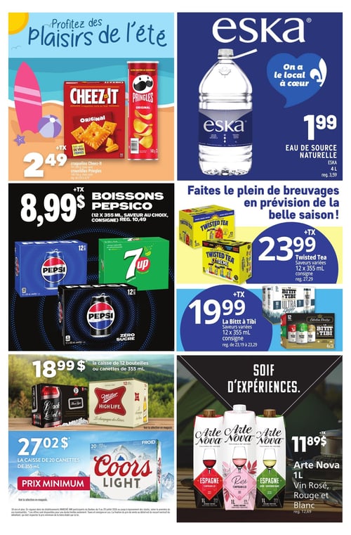 Circulaire Marché AMI - Page 6. La page est intitulée "Profitez des plaisirs de l'été". On y voit des craquelins Cheez-It (191-200 g, saveurs variées) et des croustilles Pringles (148-156 g, saveurs variées) pour 2,49 $ (+ taxes). L'eau de source naturelle Eska de 4 litres est offerte à 1,99 $ (+ taxes). Une section "Boissons Pepsico" propose les boissons gazeuses Pepsi ou 7UP, caisse de 12 canettes de 355 ml, saveurs au choix, pour 8,99 $ (+ taxes et consigne). Une autre section, "Faites le plein de breuvages en prévision de la belle saison!", présente le Twisted Tea, saveurs variées, en caisse de 12 canettes de 355 ml, pour 23,99 $ (+ taxes et consigne), ainsi que La Bitt à Tibi, saveurs variées, en caisse de 12 canettes de 355 ml, pour 19,99 $ (+ taxes et consigne). La section bières inclut la bière Black Label ou Miller High Life, caisse de 12 bouteilles ou canettes de 355 ml, pour 18,99 $ (+ taxes et consigne). La bière Coors Light, caisse de 20 canettes de 355 ml, est à 27,02 $ (+ taxes et consigne) avec la mention "Prix minimum". Enfin, sous le titre "Soif d'expériences.", le vin Arte Nova de 1 litre, en formats rouge, rosé ou blanc, est disponible pour 11,89 $ (+ taxes).