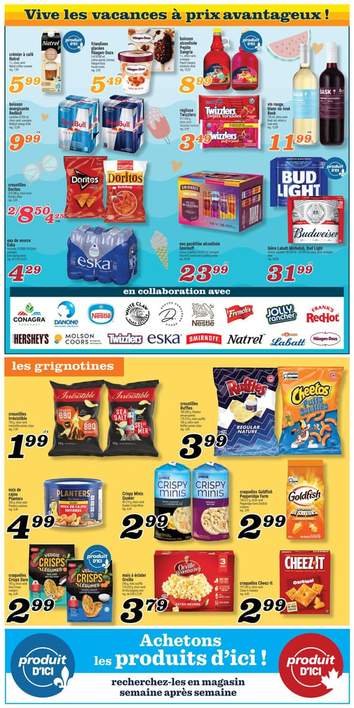 Circulaire Marché Richelieu - Page 5. La page est intitulée "Vive les vacances à prix avantageux!". On y trouve un crémier à café Natrel de 1 L à 5,99 $, des friandises glacées Häagen-Dazs de 3/4 à 55/88 ml à 5,49 $, une boisson alcoolisée Pepito Sangria de 1 L à 8,99 $ et du vin Bask de 750 ml (rouge, blanc ou rosé) à 11,99 $. Des boissons énergisantes Redbull (4 canettes de 250 ml) sont offertes à 9,99 $, et de la réglisse Twizzlers de 311 à 454 g à 3,49 $. Pour les croustilles, les Doritos de 210 à 280 g sont à 2 pour 8,50 $ ou 4,25 $ l'unité. L'eau de source Eska (12/500 ml ou 15/330 ml) est à 4,29 $. Des eaux gazéifiées alcoolisées Smirnoff (12 canettes de 355 ml) sont à 23,99 $, et la bière Labatt Michelob ou Bud Light (18/355 ml) à 31,99 $. Une section "en collaboration avec" présente les logos de marques comme Conagra, Danone, Nestlé, Hershey's, Molson Coors, Twizzlers, Eska, Smirnoff, Natrel, Labatt et Häagen-Dazs. La section "les grignotines" propose des croustilles Irrésistible de 150 g à 1,99 $, des croustilles Ruffles de 180 à 200 g ou Cheetos amuse-gueule de 170 à 180 g à 3,99 $. Des noix de cajou Planters de 200 g sont à 4,99 $. Des Crispy Minis Quaker de 90 à 214 g sont à 2,99 $, tout comme les craquelins Goldfish Pepperidge Farm de 156 à 227 g et les craquelins Dare Crisps de 100 g. Le maïs à éclater Orville Redenbacher de 716 à 220 g est à 3,79 $, et les craquelins Cheez-It de 191 à 200 g à 2,99 $. En bas de page, un message encourage à "Achetons les produits d'ici!" avec le logo "produit D'ICI".