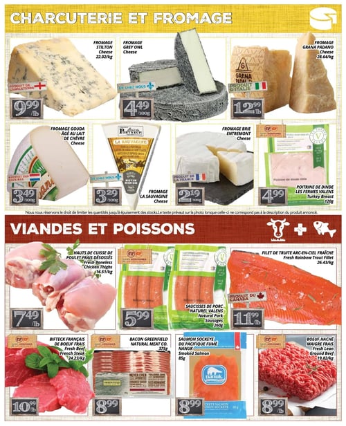 Circulaire PA Nature - Page 3. La page présente des offres sur la charcuterie, les fromages, les viandes et les poissons. Dans la section fromages, on trouve le fromage Stilton d'Angleterre à 9,99 $ la livre, le fromage Grey Owl de chez nous à 4,49 $ par 100 grammes, et le fromage Grana Padano d'Italie à 12,99 $ la livre. Également offerts : le fromage Gouda âgé au lait de chèvre des Pays-Bas à 3,49 $ par 100 grammes, le fromage La Sauvagine de chez nous à 3,29 $ par 100 grammes, et le fromage Brie Entremont de France à 2,19 $ par 100 grammes. La poitrine de dinde Les Fermes Valens, sans hormones ni antibiotiques, est à 4,99 $ pour 120 grammes. La section viandes et poissons propose les hauts de cuisse de poulet frais désossés à 7,49 $ la livre, les saucisses de porc naturel Valens sans hormones ni antibiotiques à 5,99 $ pour 260 grammes, et le filet de truite arc-en-ciel fraîche du Canada à 11,99 $ la livre. On y trouve aussi le bifteck français de bœuf frais sans hormones ni antibiotiques à 10,99 $ la livre, le bacon Greenfield sans antibiotiques à 8,99 $ pour 375 grammes, le saumon sockeye du Pacifique fumé Nanuk à 8,99 $ pour 85 grammes, et le bœuf haché maigre frais sans hormones ni antibiotiques à 8,99 $ la livre.