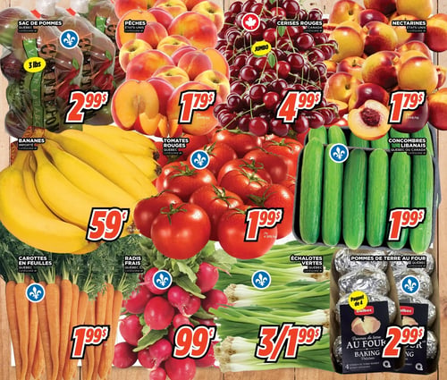 Circulaire Fruiterie Potager Saint-Eustache / Blainville - Page 2. La page présente une variété de fruits et légumes frais. On y trouve un sac de pommes du Québec de 3 livres à 2,99 $. Les pêches des États-Unis sont offertes à 1,79 $ la livre (3,94 $/kg), et les cerises rouges jumbo du Canada à 4,99 $ la livre (10,98 $/kg). Les nectarines des États-Unis sont également à 1,79 $ la livre (3,94 $/kg). Les bananes importées sont à 0,59 $ la livre (1,30 $/kg). Les tomates rouges du Québec sont à 1,99 $ la livre (4,38 $/kg). Les concombres libanais du Québec ou du Canada sont à 1,99 $ chacun. Les carottes en feuilles du Québec sont à 1,99 $ chacune. Les radis frais du Québec sont à 0,99 $ chacun. Les échalotes vertes du Québec sont disponibles à 3 pour 1,99 $. Enfin, les pommes de terre au four Dolbec du Québec, en paquet de 4, sont à 2,99 $.