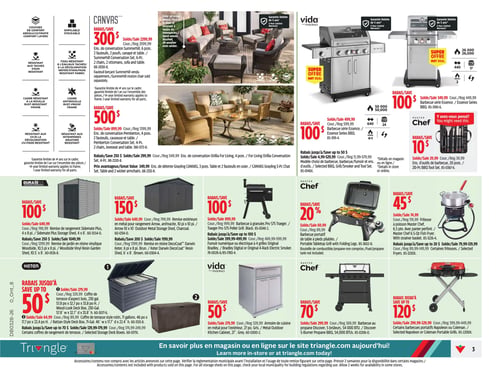Circulaire Canadian Tire - Page 3. La page présente une sélection d'articles pour l'extérieur, incluant des ensembles de conversation, des barbecues, des remises de rangement et des coffres de terrasse. En haut à gauche, trois ensembles de conversation Canvas sont en promotion : un ensemble 6 pièces (2 fauteuils, 2 poufs, canapé et table) en osier de résine brossé, résistant aux intempéries et aux UV, est à 2299,99 $, une économie de 300 $. Un ensemble 4 pièces (2 fauteuils, causeuse et table) est à 899,99 $, une économie de 500 $. Un autre ensemble 4 pièces (table et 2 fauteuils en osier) est à 299,99 $, une économie de 250 $. Ces ensembles sont dotés de couches confortables, sont empilables, résistants aux taches, à l'eau, à la rouille, aux UV et aux intempéries. En haut à droite, deux barbecues Vida série Essence sont en promotion : un modèle à 499,99 $ (économie de 100 $) avec 64000 BTU et 4+1 brûleurs, et un autre à 349,99 $ (économie de 100 $) avec 26000 BTU et 2 brûleurs. Un ensemble d'outils de barbecue Master Chef de 20 pièces est à 29,99 $, une économie de 10 $. Au centre gauche, plusieurs remises de rangement sont disponibles : une remise Sidemate Plus 4 x 8 pi à 649,99 $ (économie de 100 $), une remise de jardin en résine vinylique Woodside 10,5 x 8 pi à 649,99 $ (économie de 100 $), une remise extérieure en métal Arrow anthracite 10 x 10 pi à 649,99 $ (économie de 150 $), et une remise en résine DecoCoat Keter brune 6 x 8 pi à 649,99 $ (économie de 150 $). Au centre, un barbecue à granules Traeger Pro 575 noir est à 899,99 $ (économie de 100 $). Des fumoirs numériques ou électriques Bradley à 4 grilles sont offerts avec jusqu'à 100 $ de rabais, à partir de 399,99 $. Un barbecue portatif Master Chef est à 69,99 $ (économie de 20 %). Une friteuse à poisson Master Chef de 6,5 litres et 5 pièces est à 74,99 $ (économie de 45 $). En bas à gauche, des coffres de terrasse Keter sont en promotion : un modèle aspect bois de 230 gallons à 279,99 $ (jusqu'à 50 $ de rabais) et un modèle style rotin de 71 gallons à 64,99 $ (jusqu'à 50 $ de rabais). Une armoire de cuisine extérieure Vida en métal gris de 27 po est à 279,99 $ (économie de 50 $). Un barbecue Discover Master Chef à 5 brûleurs et 54000 BTU est à 299,99 $ (économie de 70 $). Enfin, des barbecues portatifs Napoleon ou Coleman sont offerts avec jusqu'à 120 $ de rabais, à partir de 299,99 $.