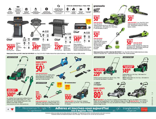 Circulaire Canadian Tire - Page 4. La page présente une variété d'articles pour le jardin et le barbecue. En haut, on trouve des barbecues Master Chef Turismo à 299,99 $ (rabais de 80 $), un barbecue portatif Coleman RoadTrip X-cursion à 249,99 $ (rabais de 150 $), un barbecue Master Chef Discover à 229,99 $ (rabais de 70 $), et une plaque chauffante de table Master Chef Turismo à 149,99 $ (rabais de 50 $). La section Greenworks 60 V UltraPower propose une tondeuse sans fil 4 en 1 de 21 pouces à 550,34 $ (rabais de 50 $), une scie à chaîne sans balais de 18 pouces à 450,34 $ (rabais de 20 $), une coupe-herbe de 16 pouces à 299,99 $ (rabais de 50 $), et un souffleur à feuilles de 750 pi³/min à 299,99 $ (rabais de 50 $). Plus bas, des outils de pelouse Mastercraft et Yardworks certifiés sont en rabais jusqu'à 50 $. Un ensemble tondeuse, coupe-herbe et souffleur de 20 V est offert à 300,69 $. Une tondeuse à pousser à essence de 21 pouces est à 229,99 $. Une tondeuse filaire 2 en 1 de 14 pouces est à 149,99 $. Des outils Yardworks, incluant coupe-herbe, taille-haie ou souffleur à feuilles de 20 V, sont en rabais jusqu'à 50 $. Une tondeuse à pousser à essence Yardworks de 21 pouces est à 299,99 $ (rabais de 100 $). Enfin, des tondeuses autotractées EGO ARC Lithium POWER+ de 56 V de 21 pouces sont en rabais jusqu'à 80 $.