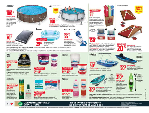 Circulaire Canadian Tire - Page 6. La page présente des articles pour la piscine, le jardin et les sports nautiques. En haut, une piscine ronde Coleman de 18 pi x 52 po avec parois imitation rotin est en rabais de 100 $, à 1299,99 $. À côté, une piscine à armature en acier Hydro-Force de 12 pi x 40 po est en rabais de 140 $, à 259,99 $. Des nouilles de piscine géantes sont à 5,99 $ chacune. Un jeu de poches d'intérieur/extérieur est en rabais de 20 %. Un chauffe-piscine solaire Pro Game est en rabais de 70 $, à 199,99 $. Une piscine Blue Bliss Splash est à 29,99 $. Un aspirateur de piscine et spa sans fil Water Tech est en rabais de 55 $, à 144,99 $. Deux trampolines Jumptek avec filet de sécurité, de 14 pi et 12 pi, sont en rabais de 150 $ chacun, à 349,99 $ et 299,99 $ respectivement. Des pièges à guêpes en sac jetable Raid sont à 8,99 $. Un insecticide en aérosol contre guêpes et frelons de 400 g est à 13,99 $. Des chasse-moustiques Muskol en divers formats sont offerts entre 5,79 $ et 17,99 $. Une sélection de produits d'entretien de piscine Aquarius, incluant des Super Pucks, des traitements au chlore, des algicides liquides et des traitements choc, est offerte avec des prix variant de 7,49 $ à 89,99 $. Pour les sports nautiques, un pédalo Monaco DLX est en rabais de 50 $, à 949,99 $. Un kayak Eclipse 100XP pour une personne est en rabais de 50 $, à 699,99 $. Un kayak gonflable Outbound avec pagaie est en rabais de 40 $, à 139,99 $. Un kayak Magna pour une personne avec pagaie et porte-kayak est en rabais de 210 $, à 389,99 $. Des économies allant jusqu'à 400 $ sont offertes sur une sélection de piscines, spas et aspirateurs de piscine, et jusqu'à 170 $ sur une sélection de kayaks. La page mentionne également la livraison à domicile.