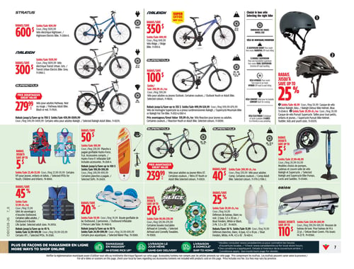 Circulaire Canadian Tire - Page 7. La page présente des offres sur des vélos et des accessoires nautiques. En haut, on trouve le vélo électrique Stratus Hightown à 600 $ de rabais, le vélo électrique Raleigh Transit Urban à 300 $ de rabais, et le vélo pour adultes Supercycle Pathway noir ou rouge à 279,99 $. Un vélo Raleigh Ridge est à 350 $ de rabais et un vélo Supercycle Outlook pour adultes ou jeunes à 100 $ de rabais. Des casques de vélo sont offerts jusqu'à 25 % de rabais, incluant le casque Raleigh Detour bleu à 48,99 $ et le casque Supercycle Pursuit noir à 29,99 $. Des rabais allant jusqu'à 700 $ sont disponibles sur certains vélos Raleigh pour adultes et jusqu'à 355 $ sur les vélos de montagne Supercycle ou à pneus surdimensionnés Raleigh. Des vélos Reaction pour jeunes ou adultes sont à 159,99 $ chacun. La partie inférieure de la page propose des gilets de sauvetage VFI pour jeunes, enfants et bébés, jusqu'à 5 $ de rabais. Une planche à pagaie gonflable Hydro-Force de 9 pieds est à 50 $ de rabais. Le gilet de sauvetage Outbound à 4 boucles est jusqu'à 45 % de rabais. Une bouée gonflable Outbound pour 2 personnes est à 20 % de rabais. Le vélo Supercycle Nitro XT pour adultes ou jeunes est à 239,99 $. Le vélo Supercycle Comp pour adultes est à 40 $ de rabais. Des pompes, cadenas et couvre-selles de vélo Raleigh et Supercycle sont jusqu'à 5 $ de rabais. Des bouées tractables Airhead et Connelly sont jusqu'à 50 $ de rabais. Des défenses de bateau blanches ou noires, 2 par paquet de 4,5 x 20 pouces, sont jusqu'à 25 % de rabais. Enfin, des housses de bateau de luxe Orion pour bateaux de 14 à 22 pieds sont jusqu'à 110 $ de rabais.