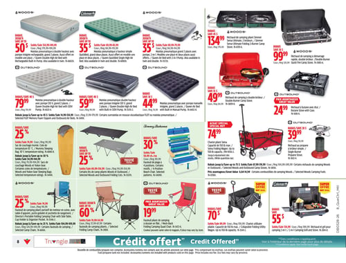 Circulaire Canadian Tire - Page 8. La page présente une variété d'articles de camping. En haut, plusieurs matelas pneumatiques sont offerts : un matelas Woods double hauteur avec pompe rechargeable à rabais jusqu'à 50 %, un matelas Coleman QuickBed à rabais jusqu'à 35 %, un matelas Woods avec pompe 2 en 1 à rabais jusqu'à 35 %, un matelas Outbound double hauteur avec pompe 120 V à 79,99 $ (rabais 40 $), un autre matelas Outbound double hauteur avec pompe 120 V à 59,99 $ (rabais 40 $), et un matelas Outbound avec pompe manuelle à 44,99 $ (rabais 30 $). À droite, des réchauds de camping sont en vedette : un réchaud pliant Woods Simmer Sense Ultimate à 2 brûleurs à 134,99 $ (rabais 45 $), un réchaud Outbound à double brûleur à 49,99 $ (rabais 35 $), un réchaud Woods à double brûleur à démarrage rapide à 99,99 $ (rabais 30 $), et un réchaud à butane Outbound avec étui à 24,99 $. Au centre de la page, on trouve des sacs de couchage momie Outbound à rabais 25 %, et jusqu'à 30 % sur certains sacs de couchage Woods et Yukon Gear. Des lits de camp pliants Woods et Outbound sont à rabais jusqu'à 25 %. Un fauteuil de plage Tommy Bahama à 4 positions est à 59,99 $ chacun (rabais 30 %). Un chariot pliant Seina d'une capacité de 150 livres est en achat spécial à 74,99 $. Un réchaud au propane Outbound à brûleur simple est à 39,99 $ (rabais 20 $). Il y a aussi des rabais jusqu'à 75 $ sur certains réchauds de camping Woods et Outbound, et des prix avantageux sur certains combustibles de camping Woods. En bas de page, un fauteuil de camping pliant portatif Woods avec table d'appoint est à rabais 25 %, et jusqu'à 25 % sur certains fauteuils de camping. Des fauteuils de camping pliants Outbound sont à rabais jusqu'à 60 %. Un fauteuil pliant de camping Outbound à dossier en filet est à 19,99 $. Un chariot utilitaire pliable Woods d'une capacité de 150 livres est à rabais 70 $. Enfin, un réchaud et gril Coleman 2 en 1 pour camping est à rabais 55 $.