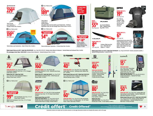 Circulaire Canadian Tire - Page 9. La page présente des articles de camping et de pêche. En haut, la tente Cascade Woods pour 4 personnes est à 229,99 $. La tente cabine Outbound pour 10 personnes avec garde-robe et écran de cinéma est à 189,99 $. Des produits imperméabilisants Woods sont offerts de 15,99 $ à 16,99 $. Un sac à leurres Plano Weekend 3600 est à 55,99 $. L'ensemble T-shirt et casquette Rapala est à 19,99 $. Un couteau à fileter Xcalibur de 6 pouces avec étui est à 8,49 $. L'assaisonnement pour poisson Fish Flavrin' Blacktusk Food Co. est à 6,99 $. Des rabais allant jusqu'à 80 $ sont offerts sur certaines tentes Woods et Outbound, et jusqu'à 40 % sur certains accessoires de pêche. La section pêche inclut un ensemble à lancer léger 13 Fishing de 6 pieds 6 pouces à 40 $. Des rabais jusqu'à 40 % sont disponibles sur les trousses de pêche Profishency pour la famille. L'échosondeur Garmin Striker 4 World Wide est à 15 $, avec des rabais jusqu'à 95 $ sur certains échosondeurs. La partie inférieure propose des abris moustiquaires : un Woods hexagonal de 14 pieds x 12 pieds à 70 $, un Woods BEACON de 12 pieds x 12 pieds à 160 $, un Outbound de 12 pieds x 12 pieds à 99,99 $, un Coleman instantané de 15 pieds x 13 pieds à 75 $, et un Outbound de 10 pieds x 10 pieds avec 2 portes à 60 $. Des rabais jusqu'à 150 $ sont offerts sur certains abris moustiquaires ou pare-soleil. Une armoire Yukon Gear pour 8 armes est à 80 $, avec un rabais de 130 $ sur l'armoire pour 12 fusils. Un couteau pliant RealTree avec stylo tactique est à 50 %, avec des rabais jusqu'à 50 % sur certains couteaux pliants et outils multifonctions.