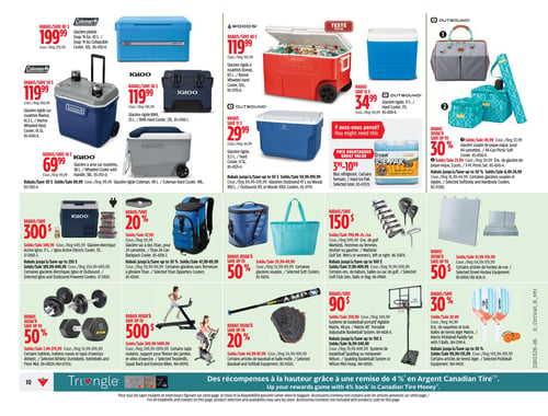 Circulaire Canadian Tire - Page 10. La page présente une variété d'articles de plein air et de sport. En haut, plusieurs glacières sont en vedette : une glacière pliable Coleman Snap 'N Go de 42 L à 199,99 $ (rég. 279,99 $); une glacière rigide Coleman Marine de 61,5 L sur roulettes à 119,99 $ (rég. 169,99 $); une glacière rigide Igloo BMX de 23 L à 119,99 $ (rég. 149,99 $); une glacière rigide Woods Boreal de 65 L sur roulettes à 119,99 $ (rég. 159,99 $); une glacière rigide Outbound de 17 L à 34,99 $ (rég. 49,99 $); et une glacière rigide Outbound de 9,5 L à 29,99 $ (rég. 44,99 $). Des blocs réfrigérants Cryopak Ice-Pak sont offerts de 3,99 $ à 10,99 $. Un rabais allant jusqu'à 30 % est appliqué sur les glacières souples de pique-nique Outbound, incluant un ensemble de 3 pièces. Au centre, on trouve une glacière Igloo à anse sur roulettes de 38 L à 69,99 $ (rég. 99,99 $) et une glacière rigide Coleman de 49 L à 69,99 $ (rég. 99,99 $). Une glacière électrique Igloo Active de 17 L est à 300 $ (rég. 649,99 $). Un sac à dos glacière Titan pour 24 canettes bénéficie d'un rabais de 20 % (rég. 59,99 $). Des rabais allant jusqu'à 50 % sont offerts sur certaines glacières souples. Un ensemble de golf Warbirds pour hommes ou femmes est à 150 $ de rabais (rég. 949,99 $). Des articles de hockey de rue sont également en rabais jusqu'à 50 %. En bas de page, des rabais allant jusqu'à 50 % sont disponibles sur certaines haltères, haltères russes et tapis d'exercice. Des tapis roulants et exerciseurs sont en rabais jusqu'à 500 $. Des articles de baseball et balle molle, incluant un gant, sont en rabais jusqu'à 20 %. Un système de basketball portatif réglable Matrix de 48 po est en rabais jusqu'à 90 $. Enfin, des ensembles de raquettes et trois balles de tennis léger Matrix sont en rabais jusqu'à 30 %.