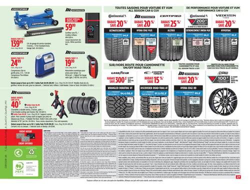 Circulaire Canadian Tire - Page 27. La page présente des accessoires et équipements automobiles ainsi que des pneus. Dans la section des outils de garage, on trouve un cric de service standard de 3 tonnes à 139,99 $ (rabais de 50 $), un gonfleur sans fil à 59,99 $ en achat spécial, un compresseur d'air et gonfleur-pneu 12 V à 24,99 $ (rabais de 15 $), et un manomètre numérique pour pneus avec lampe à 19,99 $ (rabais de 5 $). Des rabais allant jusqu'à 90 $ sont offerts sur une sélection d'articles. La section des pneus toutes saisons pour voiture et VUM inclut les Continental UltimateContact, Motomaster Hydra Edge Plus, Certified Alltrek et Vredestein Hypertac, tous avec des rabais de 20 % à 25 %. Les Continental ExtremeContact DWS06 Plus offrent une prime de 200 $ en Argent CT à l'achat de quatre pneus. Pour l'équipement de garage, des chandelles à double verrou de 3 tonnes sont à 56,99 $ (rabais jusqu'à 40 $), et un support à pneus pliant est à 49,99 $. Des rabais allant jusqu'à 90 $ sont également disponibles sur certains crics ou rampes. La section des pneus sur/hors route pour camionnette et VUS propose les Goodyear Wrangler Duratrac RT avec un rabais de 300 $ à l'achat de quatre pneus, les Cooper Discoverer Road-Trail AT avec un rabais de 15 %, et les Motomaster Hydra Edge HD avec un rabais de 20 %. Des jantes en alliage CRW sont offertes avec une prime de 100 $ en Argent CT à l'achat de quatre jantes. La page mentionne également des offres de crédit et le logo PEFC.