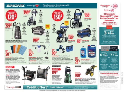 Circulaire Canadian Tire - Page 28. La page est dédiée aux produits de nettoyage et aux récompenses Triangle. En haut à droite, obtenez jusqu'à 3¢ par litre en Argent CT sur le carburant avec Récompenses Triangle, ou 5¢ par litre avec une carte Mastercard Triangle, et 7¢ par litre avec une carte World Elite Mastercard Triangle. La section principale met en vedette les nettoyeurs haute pression Simoniz. Économisez jusqu'à 120 $ sur le nettoyeur électrique 2300 livres par pouce carré à 399,99 $ (rég. 499,99 $) et le modèle 2100 livres par pouce carré à 279,99 $ (rég. 399,99 $). Le nettoyeur à essence 3600 livres par pouce carré est à 799,99 $ (rég. 999,99 $). Économisez jusqu'à 130 $ sur le nettoyeur électrique Simoniz 3000 livres par pouce carré à 449,99 $ (rég. 549,99 $), et sur le nettoyeur à essence 3000 livres par pouce carré à 399,99 $ (rég. 529,99 $), une super offre. Économisez jusqu'à 100 $ sur le nettoyeur électrique Simoniz 1600 livres par pouce carré à 199,99 $ (rég. 299,99 $), une super offre, et le modèle 1800 livres par pouce carré à 149,99 $ (rég. 199,99 $). D'autres offres Simoniz incluent 50 % de rabais sur les serviettes polyvalentes en microfibre (25 par paquet) à 13,99 $ (rég. 27,99 $) et l'éponge de lavage en microfibre à 5,99 $ (rég. 6,79 $). Économisez jusqu'à 25 % sur le pistolet à mousse réglable de 900 ml à 44,99 $ (rég. 59,99 $) et la brosse de lavage à débit continu avec manche extensible de 80 pouces à 31,99 $ (rég. 37,99 $). Économisez 90 $ sur la trousse de polisseuse sans fil double action 7 pouces 20 V à 138,64 $ (rég. 230,64 $), et jusqu'à 45 $ sur la polisseuse orbitale aléatoire sans fil 10 pouces ou l'aspirateur 20 V, à partir de 53,99 $ (rég. 89,99 $). Certains produits nettoyants pour l'auto sont à partir de 7,89 $ (rég. 9,29 $), avec jusqu'à 25 % de rabais. En bas de page, des achats spéciaux incluent le nettoyeur haute pression Crossfalls Giraffe Tools 3000 livres par pouce carré à 699,99 $ et le modèle 2100 livres par pouce carré à 399,99 $. Un nettoyeur haute pression électrique Certified 1800 livres par pouce carré avec pistolet à mousse est à 119,99 $. Enfin, les nettoyeurs haute pression à essence Champion sont offerts avec 100 $ de rabais : le modèle 3000 livres par pouce carré à 499,99 $ (rég. 599,99 $) et le modèle 3200 livres par pouce carré à 549,99 $ (rég. 699,99 $).