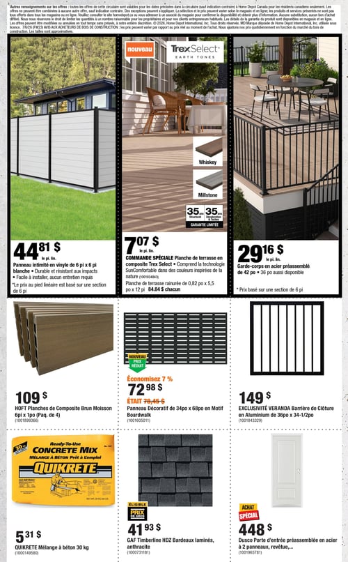 Circulaire Home Depot - Page 7. La page présente des matériaux de construction et d'aménagement extérieur. En haut à gauche, un panneau d'intimité en vinyle blanc de 6 pi x 6 pi, durable et facile à installer, est offert à 44,81 $ le pied linéaire. Au centre, une commande spéciale pour des planches de terrasse en composite Trex Select, disponibles en couleurs Whiskey et Millstone, avec une garantie limitée de 35 ans, est affichée à 7,07 $ le pied linéaire. Une planche rainurée de 0,82 po x 5,5 po x 12 pi est à 84,84 $ chacune. À droite, un garde-corps en acier préassemblé de 42 po est à 29,16 $ le pied linéaire, avec une option de 36 po également disponible. Au milieu de la page, des planches de composite Brun Moisson HOFT de 6 pi x 1 po (paquet de 4) sont à 109 $. Un panneau décoratif en motif Boardwalk de 34 po x 68 po est à 72,98 $, économisant 7 % sur l'ancien prix de 78,45 $. Une barrière de clôture en aluminium EXCLUSIVITÉ VERANDA de 36 po x 34-1/2 po est à 149 $. En bas de page, un mélange à béton QUIKRETE de 30 kg est à 5,31 $. Des bardeaux laminés GAF Timberline HDZ anthracite sont à 41,93 $. Enfin, une porte d'entrée préassemblée en acier Dusco à 2 panneaux est proposée à 448 $ en achat spécial. Des renseignements supplémentaires sur les offres sont disponibles en haut de page.