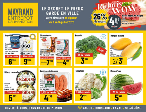 Circulaire Mayrand - Page 3. En haut de page, un rabais WOW de 26 % est offert sur le bœuf haché mi-maigre frais à 4,99 $ la livre (11,00 $/kg), prix régulier 14,99 $/kg. La première rangée d'offres inclut le yogourt grec Oikos de 650 g ou 750 g, variétés, à 6,99 $ après 50 ¢ de rabais (prix régulier 7,49 $). Le yogourt Iögo de 2 kg, variétés, est à 9,99 $ après 3 $ de rabais (prix régulier 12,99 $). Les charcuteries San Daniele proposent le prosciutto tranché de 100 g ou 200 g à partir de 7,49 $ (jusqu'à 2,40 $ de rabais, prix régulier jusqu'à 15,89 $), et la mortadelle tranchée de 175 g à partir de 4,49 $ (jusqu'à 1,50 $ de rabais, prix régulier jusqu'à 6,19 $). Les brocolis du Québec sont offerts en paquet de 2 unités à 3,99 $ après 3 $ de rabais (prix régulier 6,99 $). Les mangues ataulfo du Mexique sont à 2 pour 3 $ (prix régulier 1,99 $ chacune). La deuxième rangée présente le brie et camembert Président de 230 g à 5,99 $ après 3 $ de rabais (prix régulier 8,99 $). Les saucisses italiennes Roma fraîches, douces ou fortes, de 375 g sont à 4,29 $ après 2,70 $ de rabais (prix régulier 6,99 $). Le choufleur du Québec, 1 unité, est à 2,49 $ après 1,50 $ de rabais (prix régulier 3,99 $). Enfin, le melon d'eau des États-Unis, 1 unité, est à 5,99 $ après 3 $ de rabais (prix régulier 8,99 $). Le bas de page indique que le magasin est "OUVERT À TOUS, SANS CARTE DE MEMBRE" et liste les succursales : Anjou, Brossard, Laval, St-Jérôme.