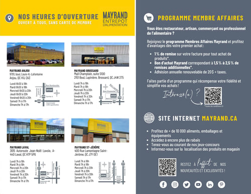 Circulaire Mayrand - Page 6. Cette page est dédiée aux informations pratiques. La section de gauche, sur fond blanc, présente les heures d'ouverture et les adresses des quatre entrepôts d'alimentation Mayrand, chacun accompagné d'une photo du bâtiment et d'une carte routière simplifiée. Les magasins d'Anjou et Laval sont ouverts du lundi au vendredi de 6h30 à 20h, et les samedis et dimanches de 7h à 17h. Les magasins de Brossard et Saint-Jérôme sont ouverts du lundi au vendredi de 7h à 20h, et les samedis et dimanches de 7h à 17h. La section de droite, sur fond gris foncé, détaille le programme Membre Affaires, offrant 1 % de remise sur facture, des bons d'achat de 1,5 % à 2,5 % de remises additionnelles, et une adhésion annuelle de 20 $ plus taxes. Un code QR est présent pour les personnes intéressées. Enfin, la page promeut le site internet Mayrand.ca, mentionnant plus de 10 000 aliments, emballages et équipements, l'accès à plus de rabais, des jeux-concours et la localisation des produits en magasin. Un second code QR invite à rester à l'affût des nouveautés et exclusivités, et des icônes de réseaux sociaux (Facebook, Instagram, Twitter, YouTube, LinkedIn, Pinterest) sont affichées.