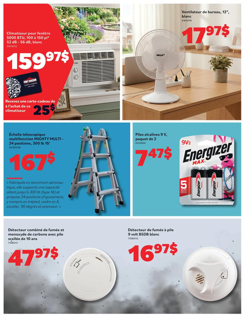 Circulaire Matériaux Pont Masson - Page 2. La page présente six produits pour la maison. En haut à gauche, un climatiseur pour fenêtre de 5000 BTU, couvrant 100 à 150 pieds carrés, avec un niveau sonore de 52 à 56 dB, de couleur blanche, est affiché à 159,97 $. Une promotion offre une carte-cadeau de 25 $ à l'achat de ce climatiseur. À droite, un ventilateur de bureau VALU+ de 12 pouces, blanc, est proposé à 17,97 $. Au centre gauche, une échelle télescopique multifonction MIGHTY MULTI de 24 positions, supportant jusqu'à 300 livres (type 1A), est vendue à 167 $. Elle est fabriquée en aluminium aéronautique et offre des ajustements en trépied, cadre en A, escalier, 90 degrés et extension. À droite, un paquet de deux piles alcalines Energizer MAX 9 V est disponible pour 7,47 $. En bas à gauche, un détecteur combiné de fumée et de monoxyde de carbone avec une pile scellée de 10 ans est affiché à 47,97 $. Enfin, en bas à droite, un détecteur de fumée à pile 9 volts de 85 DB, blanc, est offert à 16,97 $.
