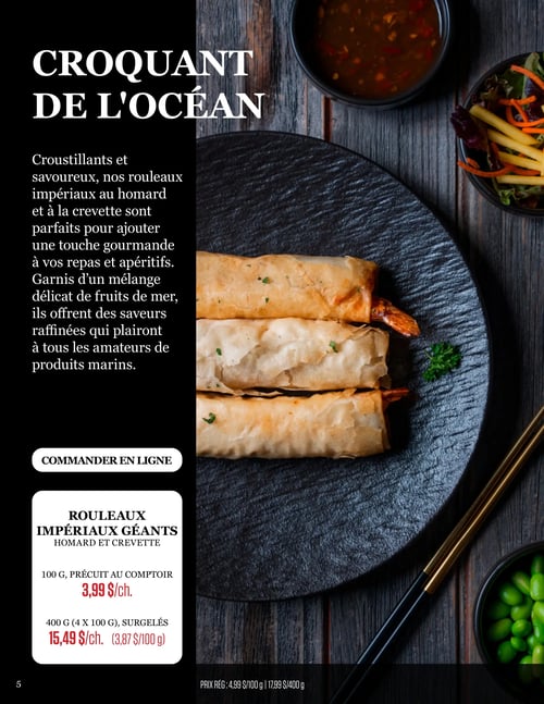 Odessa Poissonnier - Page 5. La page met en vedette des rouleaux impériaux géants au homard et à la crevette. Ces rouleaux croustillants et savoureux, garnis d'un mélange délicat de fruits de mer, sont offerts en deux formats : 100 grammes, précuits au comptoir, à 3,99 $ chacun (prix régulier 4,99 $ / 100 g) ; et 400 grammes (4 x 100 g), surgelés, à 15,49 $ chacun, soit 3,87 $ / 100 g (prix régulier 17,99 $ / 400 g). Un bouton "COMMANDER EN LIGNE" est également visible.