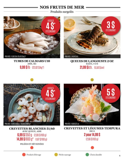 Odessa Poissonnier - Page 6. La page est dédiée aux fruits de mer surgelés. En haut à gauche, les tubes de calmars U10 d'Asie, issus de la pêche sauvage, sont offerts à 9,99 $ la livre (22,02 $ le kilogramme), avec une économie allant jusqu'à 4 $. Le prix régulier était de 11,99 $ la livre (26,43 $ le kilogramme). En haut à droite, les queues de langouste de 2 onces d'Haïti, vendues par 4 unités et issues de la pêche sauvage, sont à 21,99 $ chacune, permettant une économie de 3 $. Le prix régulier était de 24,99 $ chacune. En bas à gauche, les crevettes blanches 51/60 avec queue, pelées et déveinées, d'Asie (produit d'élevage), sont disponibles à 6,99 $ pour 350 grammes (2,00 $ les 100 grammes) ou 14,99 $ pour 800 grammes (1,87 $ les 100 grammes), avec une économie allant jusqu'à 4 $. Les prix réguliers étaient de 8,99 $ pour 350 grammes et 18,99 $ pour 800 grammes. En bas à droite, les crevettes et légumes tempura de 282 grammes (produit d'élevage et choix durable) sont offerts à 2 pour 14,99 $ (2,66 $ les 100 grammes), avec une économie de 5 $. Le prix régulier était de 19,98 $ pour 2 unités.