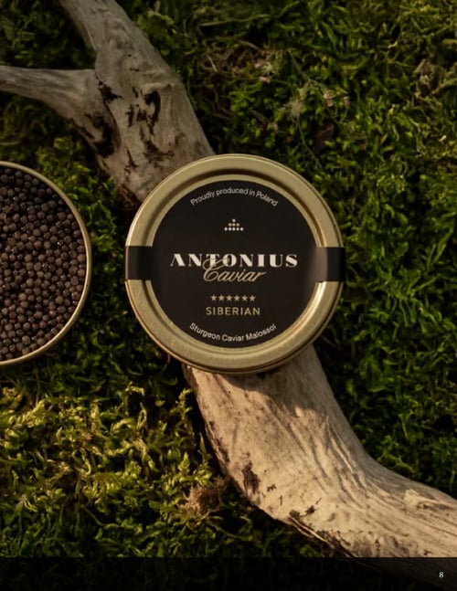 Circulaire Odessa Poissonnier - Page 8. La page présente un pot de caviar Antonius, variété Sibérien, posé sur une branche de bois et de la mousse verte. Le pot, de couleur or et noir, est fermé et indique "Proudly produced in Poland" (fièrement produit en Pologne) et "Sturgeon Caviar Malossol". À gauche, un autre pot ouvert montre les grains de caviar noirs.