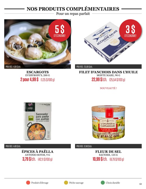 Odessa Poissonnier - Page 12. La page présente des produits complémentaires pour un repas parfait. En haut à gauche, des escargots Everybody's de 200 g sont offerts à 2 pour 4,99 $ (prix régulier 4,99 $ chacun), ce qui représente 1,25 $ par 100 g et une économie de 5 $. À droite, des filets d'anchois dans l'huile Monte Mare de 90 g sont une nouveauté, vendus à 22,99 $ chacun (prix régulier 25,99 $ chacun), soit 25,54 $ par 100 g, avec une économie de 3 $. En bas à gauche, des épices à paëlla Antonio Sotos de 9 g sont à 3,79 $ chacun (prix régulier 4,49 $ chacun), soit 42,11 $ par 100 g. Enfin, à droite, de la fleur de sel Saunier de 125 g est disponible à 10,99 $ chacun (prix régulier 12,49 $ chacun), soit 8,79 $ par 100 g. Une légende en bas de page indique les pastilles de couleur pour les produits d'élevage (rouge), la pêche sauvage (jaune) et les choix durables (vert).