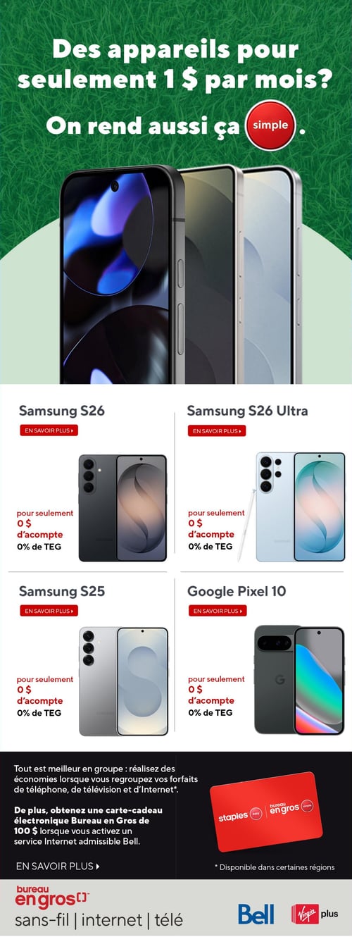 Circulaire Bureau en Gros - Page 7. La page met en avant des offres de téléphones cellulaires avec le titre "Des appareils pour seulement 1 $ par mois? On rend aussi ça simple". Quatre modèles de téléphones sont présentés : le Samsung S26, le Samsung S26 Ultra, le Samsung S25 et le Google Pixel 10. Pour chaque appareil, il est indiqué "pour seulement 0 $ d'acompte et 0 % de TEG". Une section promeut les économies en regroupant les forfaits de téléphone, de télévision et d'Internet. Une offre spéciale mentionne une carte-cadeau électronique Bureau en Gros de 100 $ à l'activation d'un service Internet admissible Bell. La page se termine avec les logos de Bureau en Gros, Bell et Virgin Plus.
