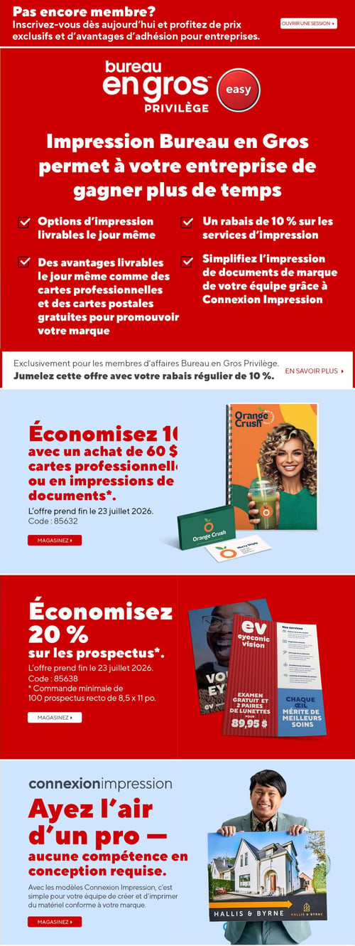 Bureau en Gros - Page 16. La page promeut le programme Bureau en Gros Privilège easy pour les entreprises. Elle met en avant des options d'impression livrables le jour même, un rabais de 10 % sur les services d'impression, des cartes professionnelles et postales gratuites pour la promotion de marque, et la simplification de l'impression de documents de marque via Connexion Impression. Les membres d'affaires peuvent jumeler cette offre avec leur rabais régulier de 10 %. La première offre permet d'économiser 10 $ à l'achat de 60 $ de cartes professionnelles ou d'impressions de documents (code 85632, valide jusqu'au 23 juillet 2026). Une image montre une femme souriante tenant un verre de smoothie vert, avec des cartes professionnelles "Orange Crush" à côté. La deuxième offre propose d'économiser 20 % sur les prospectus (code 85638, valide jusqu'au 23 juillet 2026, commande minimale de 100 prospectus recto de 8,5 x 11 pouces). Une image présente une personne souriante avec des lunettes, tenant un prospectus "eyeconic vision" et un autre affichant "Nos services". Enfin, la section Connexion Impression met en lumière un service permettant de créer et d'imprimer du matériel de marque professionnel sans compétence en conception. Une image montre un homme souriant tenant un prospectus immobilier "HALLIS & BYRNE" avec une maison.