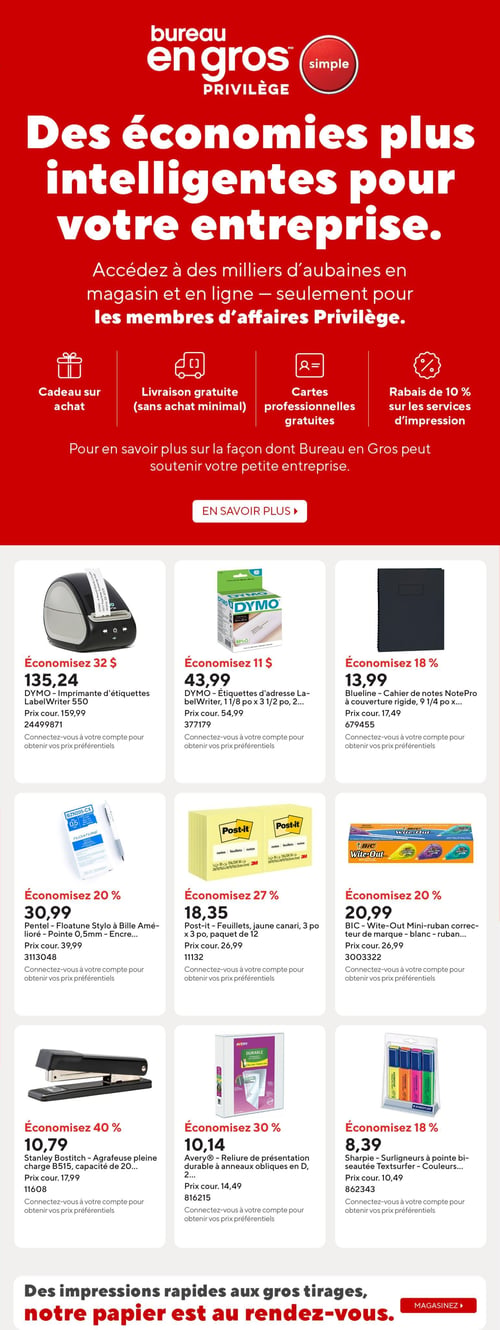Circulaire Bureau en Gros - Page 17. La page met en avant le programme Bureau en Gros Privilège avec le slogan "Des économies plus intelligentes pour votre entreprise." Elle mentionne l'accès à des milliers d'aubaines en magasin et en ligne, exclusivement pour les membres d'affaires Privilège. Les avantages incluent un cadeau sur achat, la livraison gratuite sans achat minimal, des cartes professionnelles gratuites et un rabais de 10 % sur les services d'impression. Un bouton "EN SAVOIR PLUS" est présent.

La page présente ensuite une grille de 9 produits en promotion :
- Une imprimante d'étiquettes DYMO LabelWriter 550 est à 135,24 $, économisant 32 $ sur le prix courant de 159,99 $.
- Des étiquettes d'adresse DYMO LabelWriter de 1 1/8 po x 3 1/2 po, en paquet de 2 rouleaux, sont à 43,99 $, économisant 11 $ sur le prix courant de 54,99 $.
- Un cahier de notes Blueline NotePro à couverture rigide, 9 1/4 po x 7 1/4 po, 192 pages, est à 13,99 $, économisant 18 % sur le prix courant de 17,49 $.
- Un stylo à bille amélioré Pentel Floatune, pointe de 0,5 mm, encre noire, est à 30,99 $, économisant 20 % sur le prix courant de 39,99 $.
- Des feuillets Post-it jaunes canari, 3 po x 3 po, en paquet de 12, sont à 18,35 $, économisant 27 % sur le prix courant de 26,99 $.
- Un mini-ruban correcteur BIC Wite-Out, blanc, ruban de 5 mm x 6 m, en paquet de 4, est à 20,99 $, économisant 20 % sur le prix courant de 26,99 $.
- Une agrafeuse Stanley Bostitch pleine charge B515, capacité de 20 feuilles, est à 10,79 $, économisant 40 % sur le prix courant de 17,99 $.
- Une reliure de présentation Avery durable à anneaux obliques en D, 2 po, blanche, est à 10,14 $, économisant 30 % sur le prix courant de 14,49 $.
- Des surligneurs Sharpie à pointe biseautée Textsurfer, couleurs assorties, en paquet de 4, sont à 8,39 $, économisant 18 % sur le prix courant de 10,49 $.

Un bandeau rouge en bas de page annonce : "Des impressions rapides aux gros tirages, notre papier est au rendez-vous." avec un bouton "MAGASINEZ".