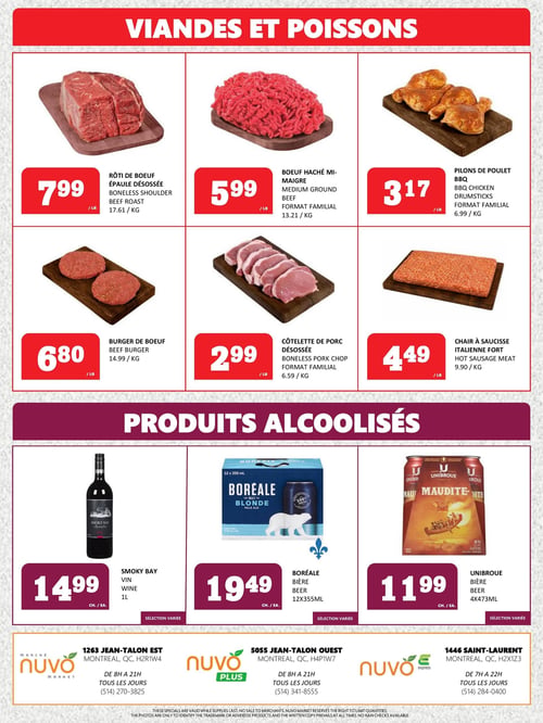 Circulaire Marché Nuvo - Page 4. La section "Viandes et Poissons" présente six offres : rôti de bœuf épaule désossée à 7,99 $ la livre, bœuf haché mi-maigre format familial à 5,99 $ la livre, pilons de poulet BBQ format familial à 3,17 $ la livre, burger de bœuf à 6,80 $ la livre, côtelette de porc désossée format familial à 2,99 $ la livre, et chair à saucisse italienne forte à 4,49 $ la livre. La section "Produits Alcoolisés" inclut : vin Smoky Bay de 1 litre à 14,99 $ chacun, bière Boréale en paquet de 12 x 355 ml à 19,49 $ chacun, et bière Unibroue en paquet de 4 x 473 ml à 11,99 $ chacun.