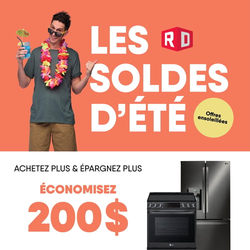 Circulaire Meubles RD - Page 1. La page d'accueil met en vedette un homme souriant portant des lunettes de soleil et un collier de fleurs, tenant un cocktail bleu avec une petite ombrelle, sur un fond orange vif. Le titre principal est "LES SOLDES D'ÉTÉ" avec le logo RD, accompagné d'une bulle jaune indiquant "Offres ensoleillées". En bas de page, sur un fond blanc, l'offre "ACHETEZ PLUS & ÉPARGNEZ PLUS" est mise en avant avec un grand "ÉCONOMISEZ 200$". Deux électroménagers noirs de marque LG sont présentés : un réfrigérateur à portes françaises et une cuisinière.