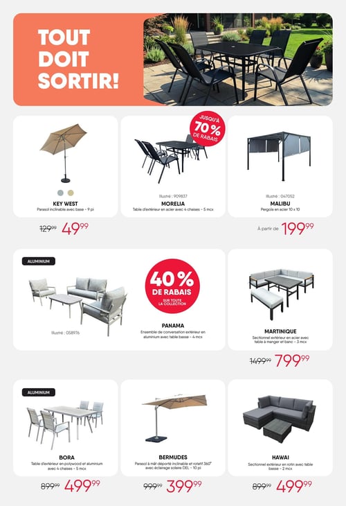Circulaire Meubles RD - Page 2. La page s'ouvre sur une grande bannière orange avec le texte en blanc "TOUT DOIT SORTIR!". À droite de la bannière, une photo montre un ensemble de patio noir avec une table rectangulaire et six chaises, sur une terrasse ensoleillée. Un macaron rouge indique "JUSQU'À 70 % DE RABAIS".

En dessous, la page présente des offres sur des meubles d'extérieur.
Le parasol inclinable Key West de 9 pieds avec base est à 49,99 $, prix original 129,99 $.
L'ensemble de table d'extérieur en acier Morelia avec 4 chaises (5 morceaux) est illustré.
La pergola en acier Malibu de 10 x 10 pieds est disponible à partir de 199,99 $.

Un macaron rouge au centre indique "40 % DE RABAIS SUR TOUTE LA COLLECTION".
L'ensemble de conversation extérieur en aluminium Panama de 4 morceaux, incluant une table basse, est illustré.
Le sectionnel extérieur en acier Martinique avec table à manger et banc (3 morceaux) est à 799,99 $, prix original 1499,99 $.

Enfin, la dernière rangée propose :
La table d'extérieur Bora en polywood et aluminium avec 4 chaises (5 morceaux) est à 499,99 $, prix original 899,99 $.
Le parasol à mât déporté inclinable et rotatif à 360° avec éclairage solaire DEL Bermudes de 10 pieds est à 399,99 $, prix original 999,99 $.
Le sectionnel extérieur Hawaï en rotin avec table basse (2 morceaux) est à 499,99 $, prix original 899,99 $.