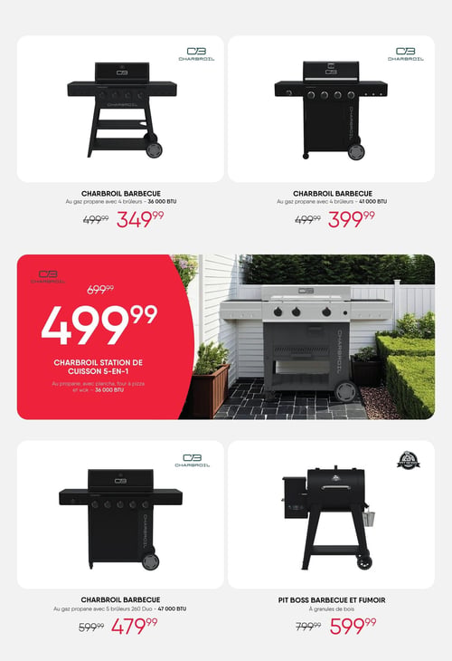 Circulaire Meubles RD - Page 3. La page présente une sélection de barbecues et fumoirs. En haut à gauche, un barbecue Charbroil au gaz propane avec 4 brûleurs et 36 000 BTU est offert à 349,99 $, prix régulier 499,99 $. À droite, un autre barbecue Charbroil au gaz propane avec 4 brûleurs et 41 000 BTU est à 399,99 $, prix régulier 499,99 $. Au centre, sur un fond rouge, une station de cuisson Charbroil 5-en-1 au propane, incluant plancha, four à pizza et wok, de 36 000 BTU est affichée à 499,99 $, prix régulier 699,99 $. En bas à gauche, un barbecue Charbroil au gaz propane avec 5 brûleurs 260 Duo et 47 000 BTU est à 479,99 $, prix régulier 599,99 $. Enfin, en bas à droite, un barbecue et fumoir Pit Boss à granules de bois est disponible pour 599,99 $, prix régulier 799,99 $.