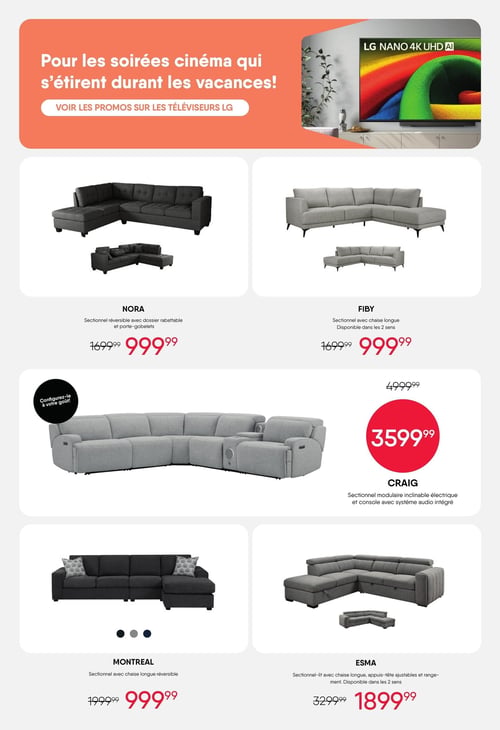 Meubles RD - Page 7. La page débute par une bannière orange invitant à découvrir les promotions sur les téléviseurs LG pour les soirées cinéma, illustrée par un téléviseur LG Nano 4K UHD AI. Ensuite, plusieurs sectionnels sont présentés. Le sectionnel Nora, réversible avec dossier rabattable et porte-gobelets, est à 999,99 $ (prix régulier 1699,99 $). Le sectionnel Fiby avec chaise longue, disponible dans les deux sens, est aussi à 999,99 $ (prix régulier 1699,99 $). Le sectionnel modulaire inclinable électrique Craig, incluant une console avec système audio intégré, est affiché à 3599,99 $ (prix régulier 4999,99 $), avec une note "Configurez-le à votre goût!". Enfin, le sectionnel Montreal avec chaise longue réversible est à 999,99 $ (prix régulier 1999,99 $), et le sectionnel-lit Esma, doté d'une chaise longue, d'appuis-tête ajustables et de rangement, disponible dans les deux sens, est à 1899,99 $ (prix régulier 3299,99 $).