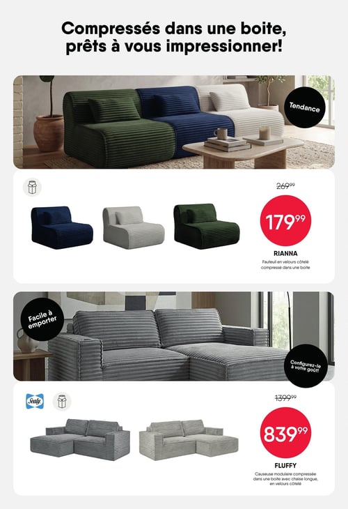 Meubles RD - Page 8. La page met en avant des meubles compressés dans une boîte, avec le titre "Compressés dans une boîte, prêts à vous impressionner!". La première section présente le fauteuil RIANNA en velours côtelé, disponible en couleurs comme le vert, le bleu et le blanc. Il est vendu à 179,99 $ (prix régulier 269,99 $). Un encart indique "Tendance". La deuxième section met en vedette la causeuse modulaire FLUFFY de marque Sealy, en velours côtelé gris, avec chaise longue. Elle est "Facile à emporter" et "Configurez-le à votre goût!". Le prix est de 839,99 $ (prix régulier 1399,99 $).