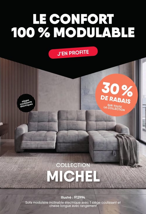 Meubles RD - Page 9. La page met en vedette un grand sofa modulaire gris de la collection Michel, avec des sièges coulissants électriques et une chaise longue intégrant du rangement. Un macaron orange annonce 30 % de rabais sur toute la collection. Le numéro d'article illustré est 912994.