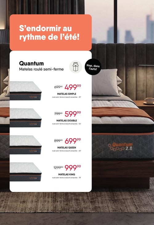 Meubles RD - Page 12. La page est intitulée "S'endormir au rythme de l'été!". Elle présente la gamme de matelas roulés semi-fermes Quantum, avec la mention "Hop, dans l'auto!" indiquant un transport facile. Les offres incluent : le matelas simple roulé semi-ferme à ressorts ensachés de 39 pouces, à 499,99 $ (anciennement 699,99 $); le matelas double roulé semi-ferme à ressorts ensachés de 54 pouces, à 599,99 $ (anciennement 799,99 $); le matelas queen roulé semi-ferme à ressorts ensachés de 60 pouces, à 699,99 $ (anciennement 899,99 $); et le matelas king roulé semi-ferme à ressorts ensachés de 78 pouces, à 999,99 $ (anciennement 1299,99 $).