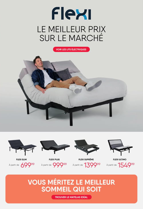 Circulaire Meubles RD - Page 13. La page met en vedette la marque Flexi avec le slogan "Le meilleur prix sur le marché" pour les lits électriques. Un bouton rouge invite à "Voir les lits électriques". Une grande image montre un homme souriant et détendu, allongé sur un lit électrique Flexi ajusté en position semi-assise, avec des oreillers gris. En bas de page, quatre modèles de lits électriques Flexi sont présentés avec leurs prix "à partir de" : le Flexi Slim à 699,99 $, le Flexi Plus à 999,99 $, le Flexi Suprême à 1399,99 $ et le Flexi Ultimo à 1549,99 $. Une bannière rouge en bas de page indique "Vous méritez le meilleur sommeil qui soit" avec un bouton "Trouver le matelas idéal".