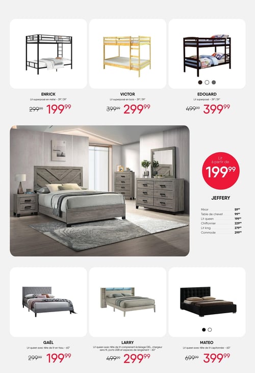 Circulaire Meubles RD - Page 14. La page présente une sélection de lits et de meubles de chambre. En haut, trois lits superposés sont offerts : le modèle Enrick en métal (39/39 pouces) à 199,99 $ (anciennement 299,99 $), le modèle Victor en bois (39/39 pouces) à 299,99 $ (anciennement 399,99 $) et le modèle Edouard (39/39 pouces) à 399,99 $ (anciennement 499,99 $), disponible en plusieurs couleurs. Au centre, l'ensemble de chambre Jeffery est mis en vedette, avec des lits à partir de 199,99 $. Les prix des éléments individuels de l'ensemble Jeffery sont : miroir à 59,99 $, table de chevet à 99,99 $, lit queen à 199,99 $, chiffonnier à 229,99 $, lit king à 279,99 $ et commode à 299,99 $. En bas de page, trois lits queen (60 pouces) sont présentés : le modèle Gaël avec tête de lit en tissu à 199,99 $ (anciennement 299,99 $), le modèle Larry avec tête de lit intégrant éclairage DEL, chargeur sans fil, ports USB et rangements à 299,99 $ (anciennement 499,99 $), et le modèle Mateo avec tête de lit capitonnée à 399,99 $ (anciennement 699,99 $), également disponible en plusieurs couleurs.