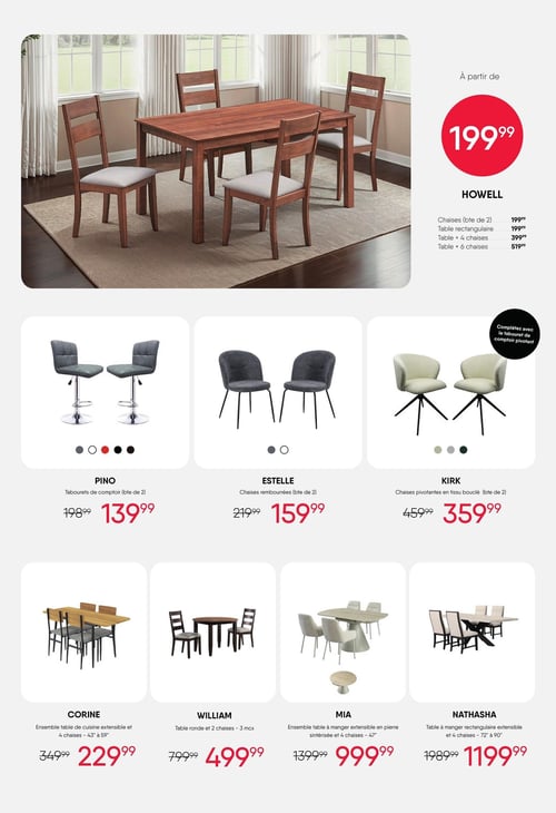 Meubles RD - Page 16. La page présente une sélection de meubles de salle à manger et de cuisine. En haut, l'ensemble Howell, avec une table rectangulaire en bois et des chaises rembourrées grises, est offert à partir de 199,99 $. Les chaises Howell (lot de 2) sont à 199,99 $, la table rectangulaire seule à 199,99 $, l'ensemble table et 4 chaises à 399,99 $, et l'ensemble table et 6 chaises à 519,99 $. La section centrale propose : les tabourets de comptoir Pino (lot de 2) à 139,99 $ (anciennement 198,99 $), disponibles en plusieurs couleurs; les chaises rembourrées Estelle (lot de 2) à 159,99 $ (anciennement 219,99 $), disponibles en gris foncé et gris clair; et les chaises pivotantes en tissu bouclé Kirk (lot de 2) à 359,99 $ (anciennement 459,99 $), disponibles en beige, gris et vert foncé. Un encart suggère de les compléter avec le tabouret de comptoir pivotant. La section inférieure présente des ensembles de salle à manger : l'ensemble Corine, une table de cuisine extensible de 43" à 59" et 4 chaises, à 229,99 $ (anciennement 349,99 $); l'ensemble William, une table ronde et 2 chaises (3 morceaux), à 499,99 $ (anciennement 799,99 $); l'ensemble Mia, une table à manger extensible en pierre sintérisée de 47" et 4 chaises, à 999,99 $ (anciennement 1399,99 $); et l'ensemble Nathasha, une table à manger rectangulaire extensible de 72" à 90" et 4 chaises, à 1199,99 $ (anciennement 1989,99 $).