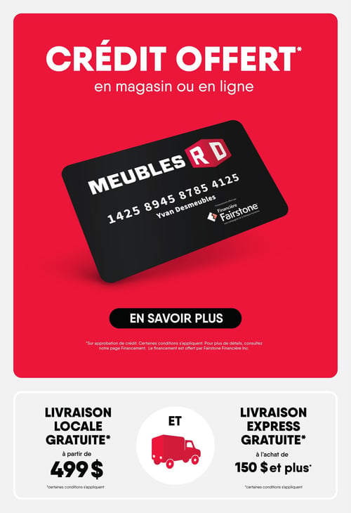 Circulaire Meubles RD - Page 22. La page met en avant des offres de services. En haut, sur un fond rouge, est annoncé un "CRÉDIT OFFERT" en magasin ou en ligne. Une carte de crédit noire avec le logo Meubles RD et le nom "Yvan Desmeubles" est visible, indiquant un financement offert par Financière Fairstone. Un bouton noir invite à "EN SAVOIR PLUS". Des astérisques indiquent que des conditions s'appliquent et que le financement est offert par Fairstone Financière Inc. La partie inférieure de la page, sur un fond blanc, présente deux offres de livraison. À gauche, la "LIVRAISON LOCALE GRATUITE" est offerte à partir de 499 $. Au centre, une icône de camion de livraison rouge est accompagnée du mot "ET". À droite, la "LIVRAISON EXPRESS GRATUITE" est disponible à l'achat de 150 $ et plus. Des astérisques pour les deux offres de livraison précisent que certaines conditions s'appliquent.
