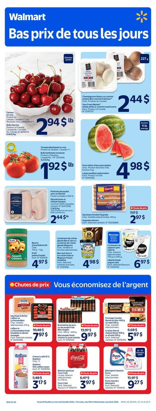 Circulaire Walmart - Page 1. La page présente des "Bas prix de tous les jours" et une section "Chutes de prix". En haut, on trouve des cerises géantes en vrac à 2,94 $ la livre et des champignons blancs ou cremini Mon marché fraîcheur de 227 g à 2,44 $. Les tomates Beefsteak en vrac du Québec sont à 1,92 $ la livre. Un gros melon d'eau sans pépins d'environ 5 kg est offert à 4,98 $. Les poitrines de poulet avec os Olymel, poulet canadien à 100 %, sont à 2,44 $ la livre. Les saucisses fumées Hygrade de 450 g sont en chute de prix à 2,97 $ (anciennement 7,17 $). Le beurre d'arachide Kraft crémeux de 750 g à 1 kg est à 4,97 $. Les contenants de crème glacée Ben & Jerry's ou les barres Magnum, formats et variétés sélectionnés, sont à 4,98 $. Les contenants de yogourt grec Liberté de 750 g ou 900 g, saveurs sélectionnées, sont à 6,97 $. Dans la section "Chutes de prix", les saucisses fraîches Lafleur ou La Fernandière de 675 g sont à 7,97 $ (anciennement 10,48 $). Les brochettes de porc ou de poulet frais Marcangelo de 480 g à 640 g sont à 9,97 $ (anciennement 13,97 $). Le fromage Cracker Barrel en bloc de 400 g ou râpé de 320 g, variétés sélectionnées, est à 5,97 $ (anciennement 6,68 $). La crème à café 10 % Québon de 1 litre est à 3,17 $ (anciennement 5,48 $). La boisson gazeuse Coca-Cola en paquet de 6 x 710 ml, saveurs sélectionnées, est à 3,97 $ (anciennement 6,47 $). Enfin, le détergent à lessive Purex, variétés sélectionnées, est à 9,27 $ (anciennement 15,97 $).