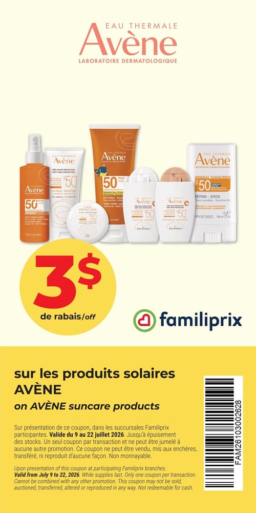 Circulaire Familiprix - Page 3. La page met en vedette les produits solaires Avène avec une offre de 3 $ de rabais. On y voit une variété de produits, incluant des sprays, laits minéraux, fluides et bâtons solaires, tous avec un FPS 50+. Un coupon est présenté, offrant 3 $ de rabais sur les produits solaires Avène. Ce coupon est valide du 9 au 22 juillet 2026 dans les succursales Familiprix participantes, jusqu'à épuisement des stocks. Un seul coupon par transaction, non cumulable avec d'autres promotions, non vendable, ni transférable.