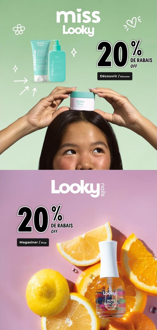 Familiprix - Page 7. La page est divisée en deux sections promotionnelles. La partie supérieure, sur fond vert pâle, met en vedette la marque Miss Looky et sa gamme Hydra Bliss, offrant 20 % de rabais. On y voit une crème pour les mains à la pastèque, un nettoyant visage et une crème visage. Une jeune femme tient une crème visage sur sa tête. La partie inférieure, sur fond mauve pâle, présente la marque Looky Nails avec également 20 % de rabais. Un flacon d'huile à cuticules est entouré de citrons et de tranches d'oranges.
